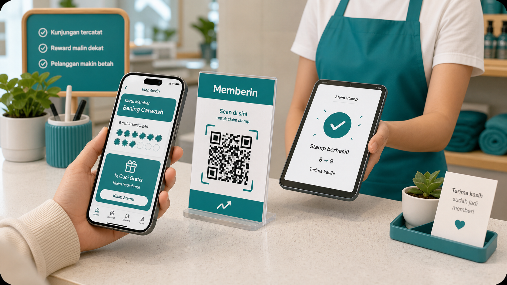Ilustrasi pelanggan scan QR Memberin dan klaim stamp digital di kasir